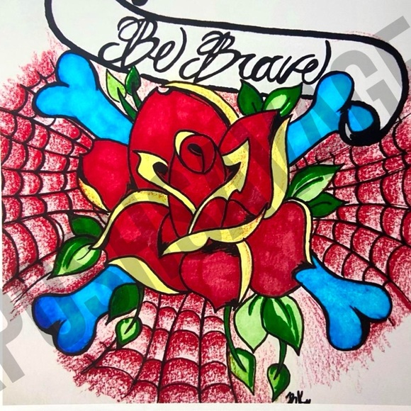Be Brave, Rose & Bones Spider Web Tattoo Art Print - Picture 1 of 3
